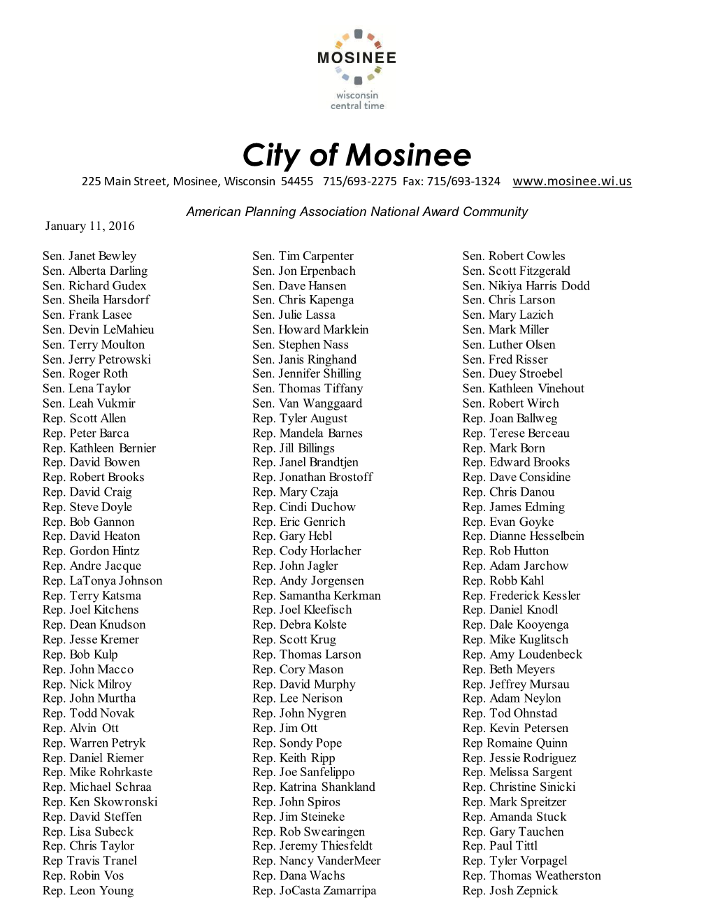 City of Mosinee 225 Main Street, Mosinee, Wisconsin 54455 715/693-2275 Fax: 715/693-1324