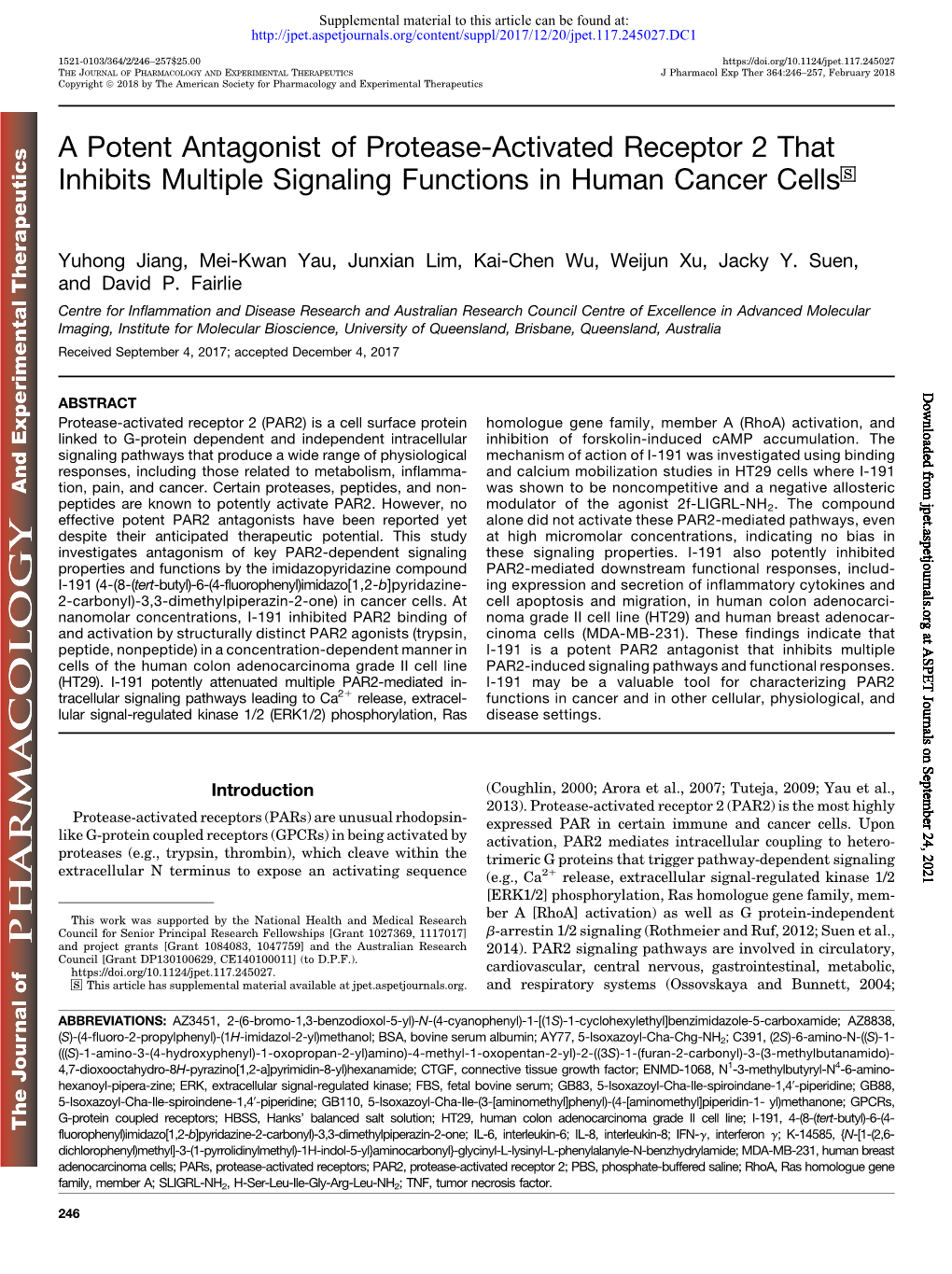 A Potent Antagonist of Protease-Activated Receptor 2 That Inhibits Multiple Signaling Functions in Human Cancer Cells S