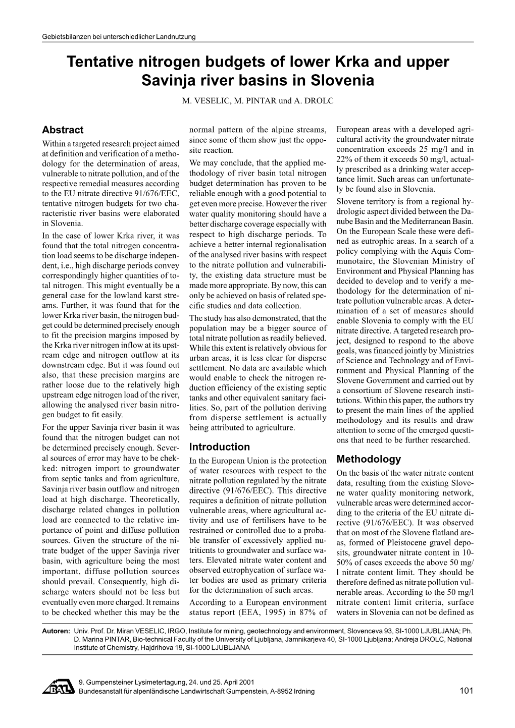 Tentative Nitrogen Budgets of Lower Krka and Upper Savinja River Basins in Slovenia M