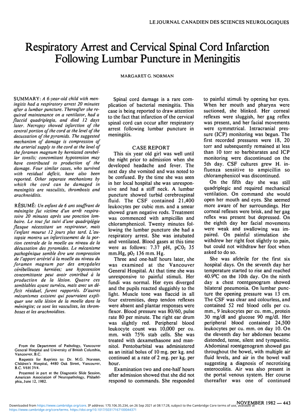 Respiratory Arrest and Cervical Spinal Cord Infarction Following Lumbar Puncture in Meningitis