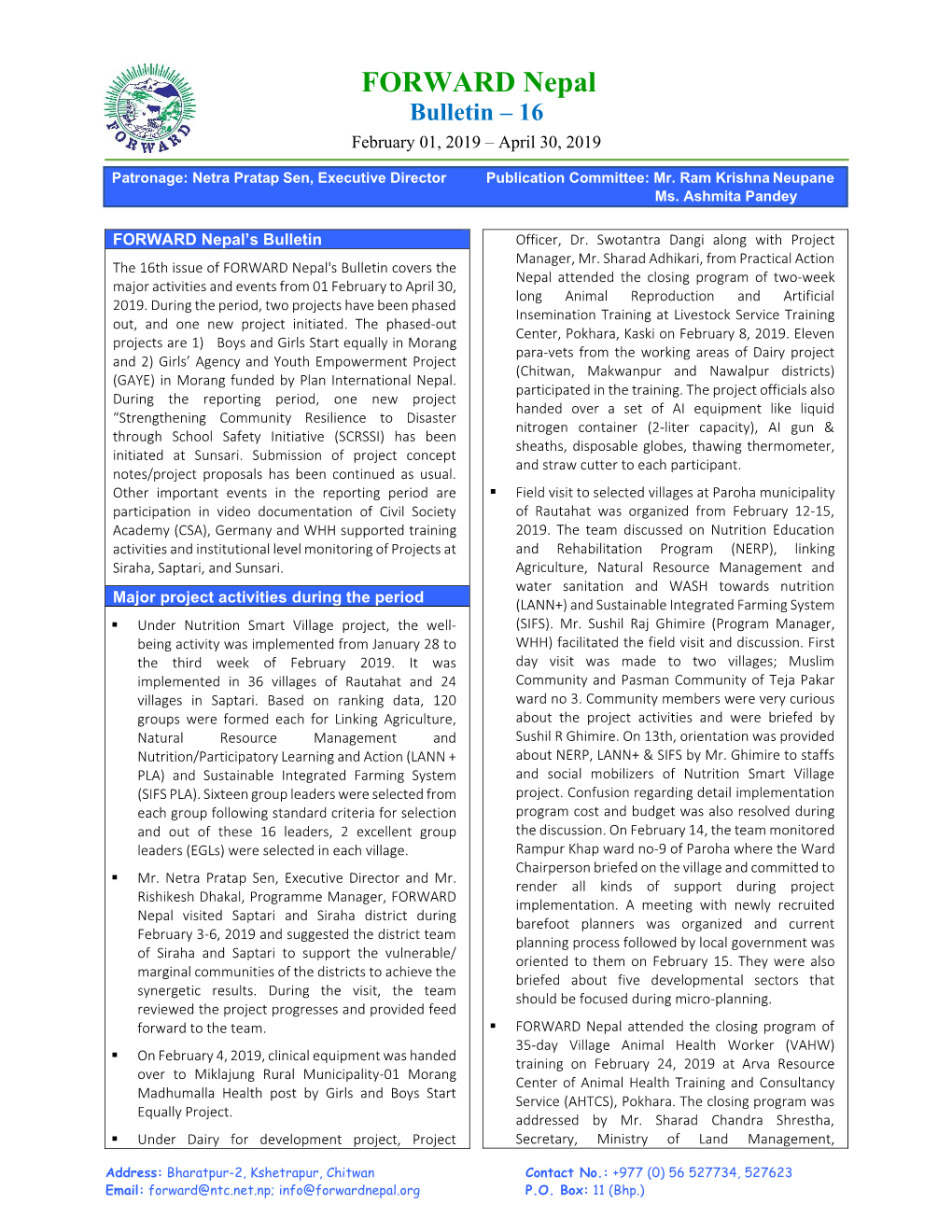 FORWARD Nepal Bulletin – 16 February 01, 2019 – April 30, 2019