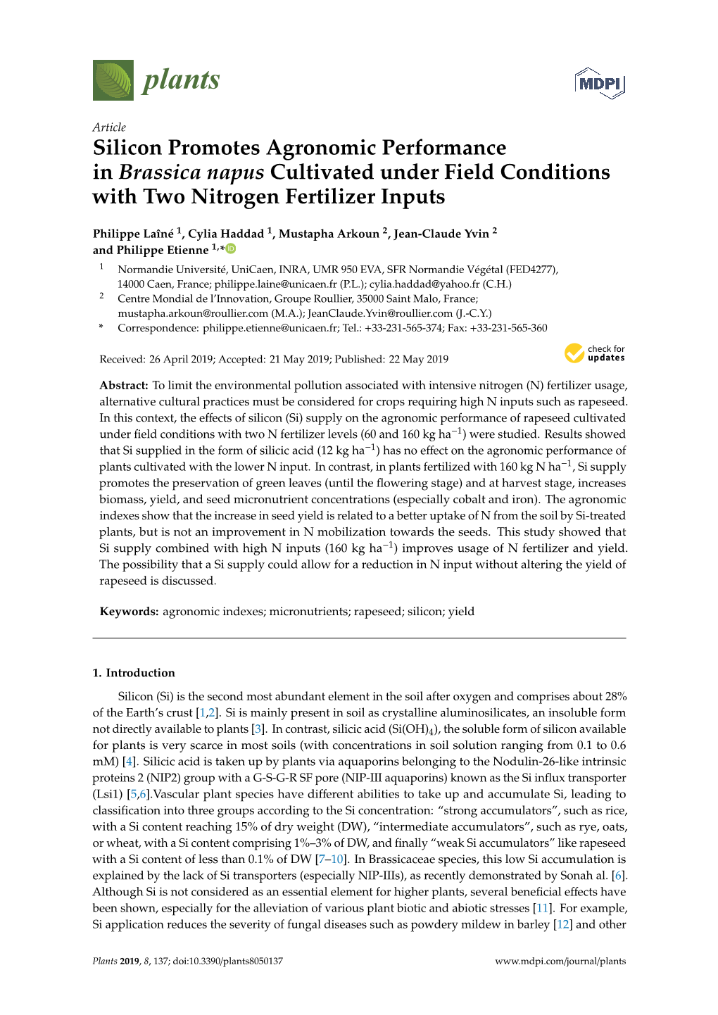 Silicon Promotes Agronomic Performance in Brassica Napus Cultivated Under Field Conditions with Two Nitrogen Fertilizer Inputs