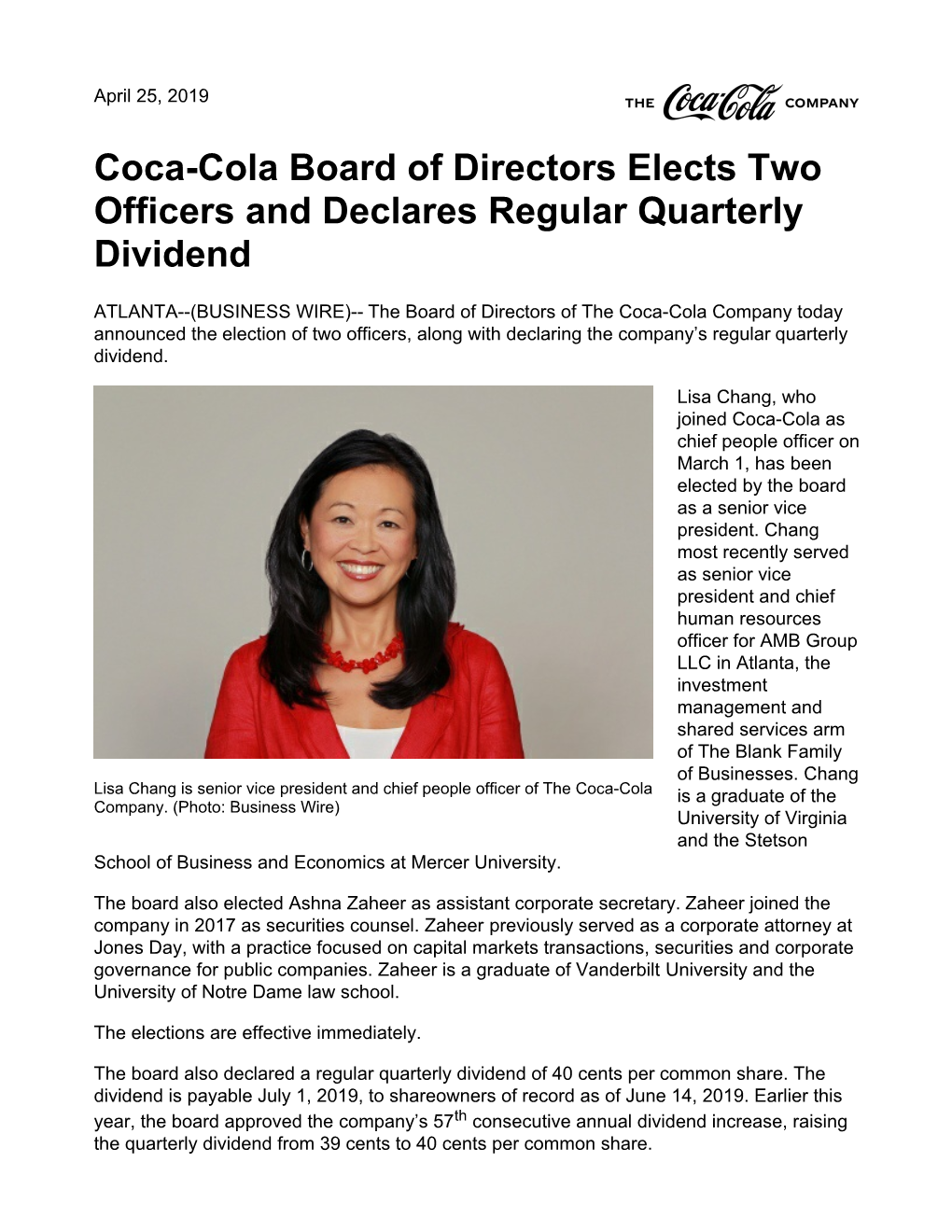 Coca-Cola Board of Directors Elects Two Officers and Declares Regular Quarterly Dividend