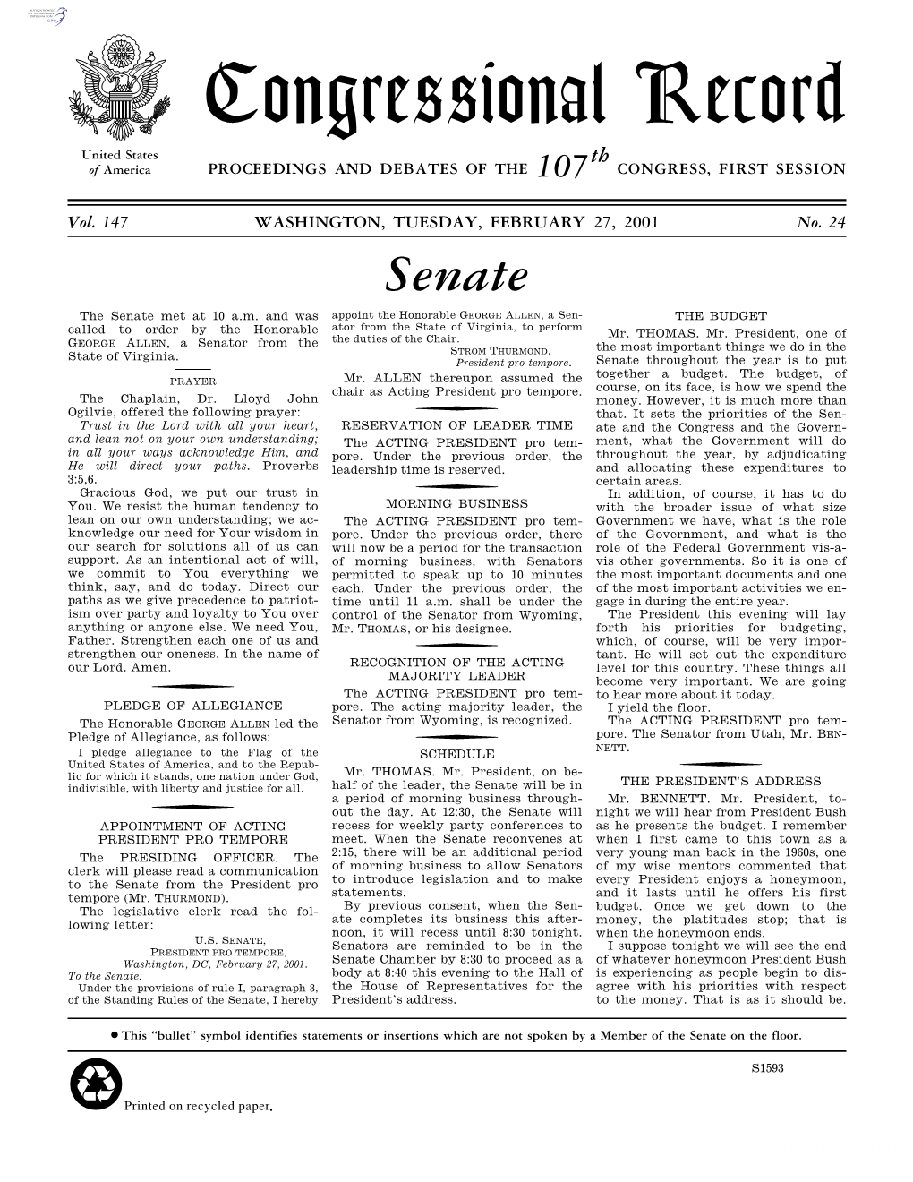 Congressional Record United States Th of America PROCEEDINGS and DEBATES of the 107 CONGRESS, FIRST SESSION