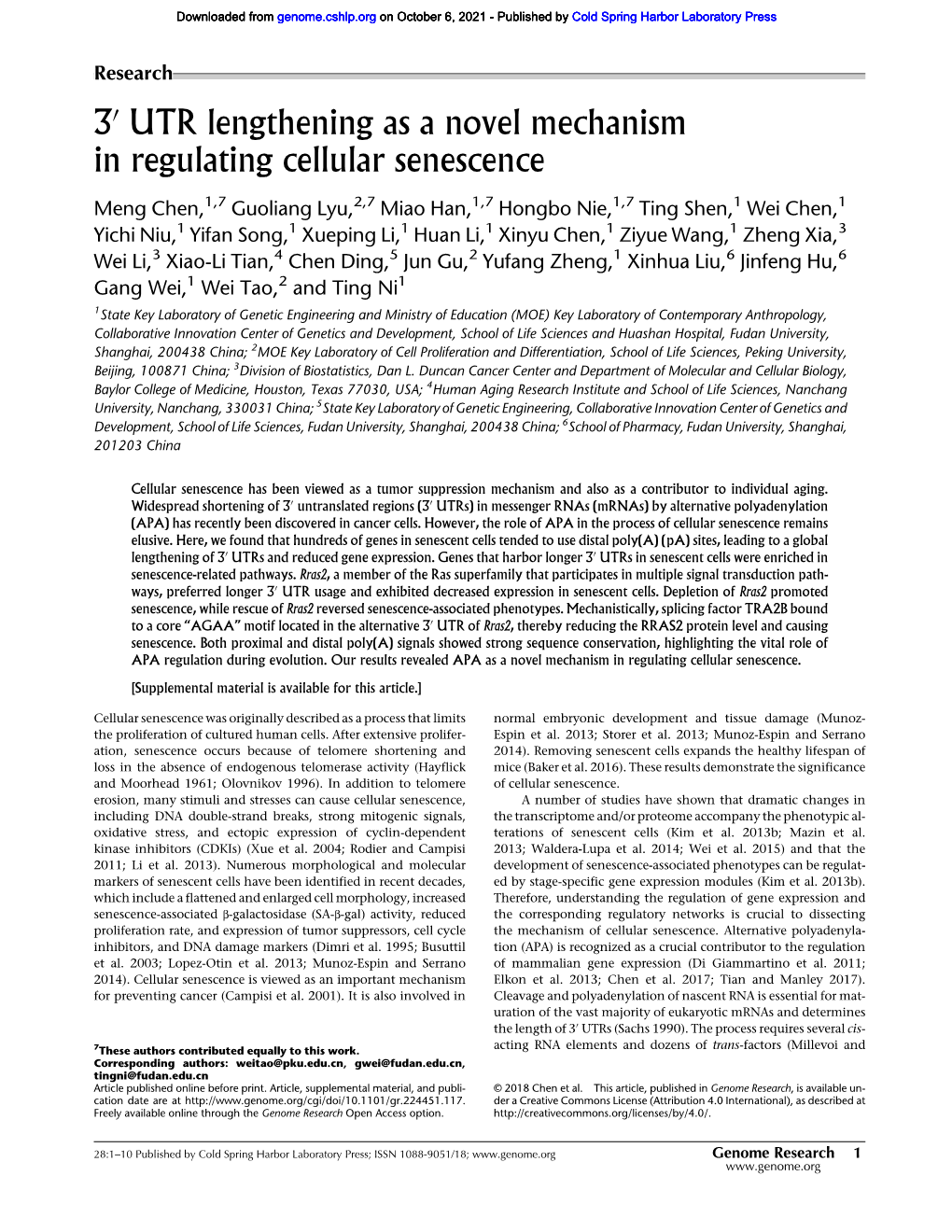 UTR Lengthening As a Novel Mechanism in Regulating Cellular Senescence