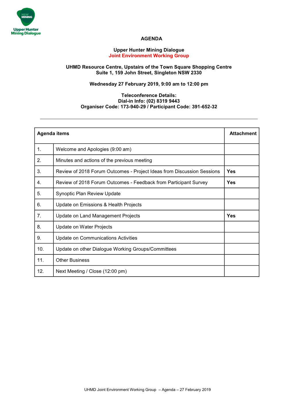 AGENDA Upper Hunter Mining Dialogue Joint Environment