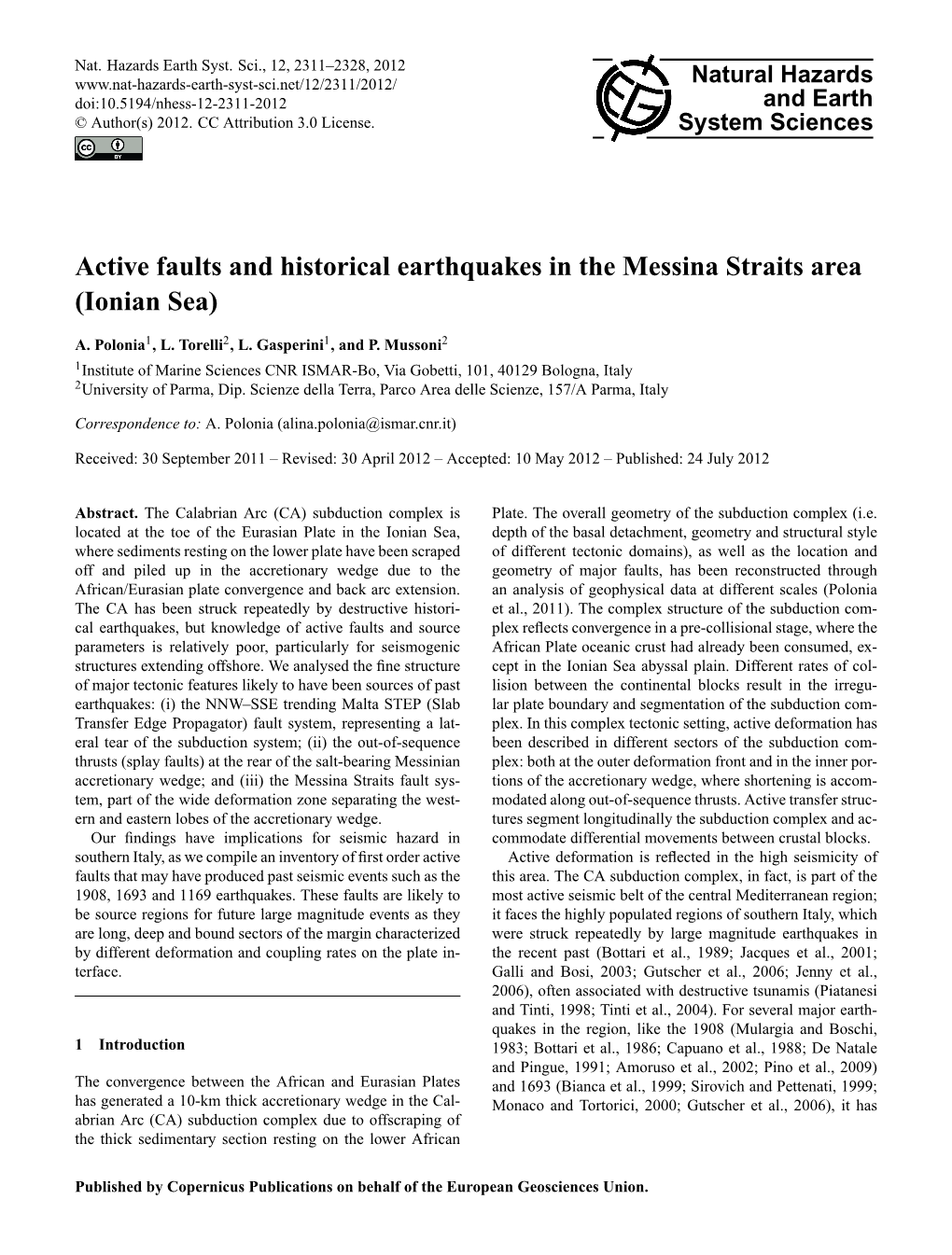 Active Faults and Historical Earthquakes in the Messina Straits Area (Ionian Sea)