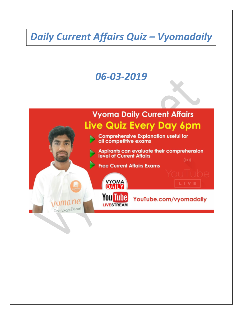 Daily Current Affairs Quiz – Vyomadaily 06-03-2019
