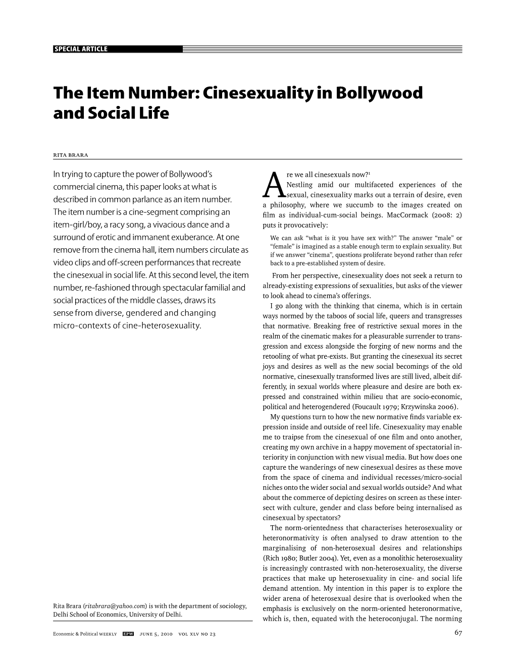 The Item Number: Cinesexuality in Bollywood and Social Life