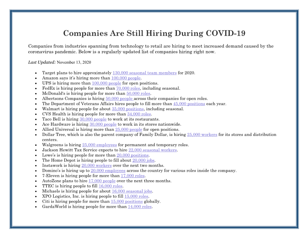 Companies from Industries Spanning from Technology to Retail Are Hiring to Meet Increased Demand Caused by the Coronavirus Pandemic