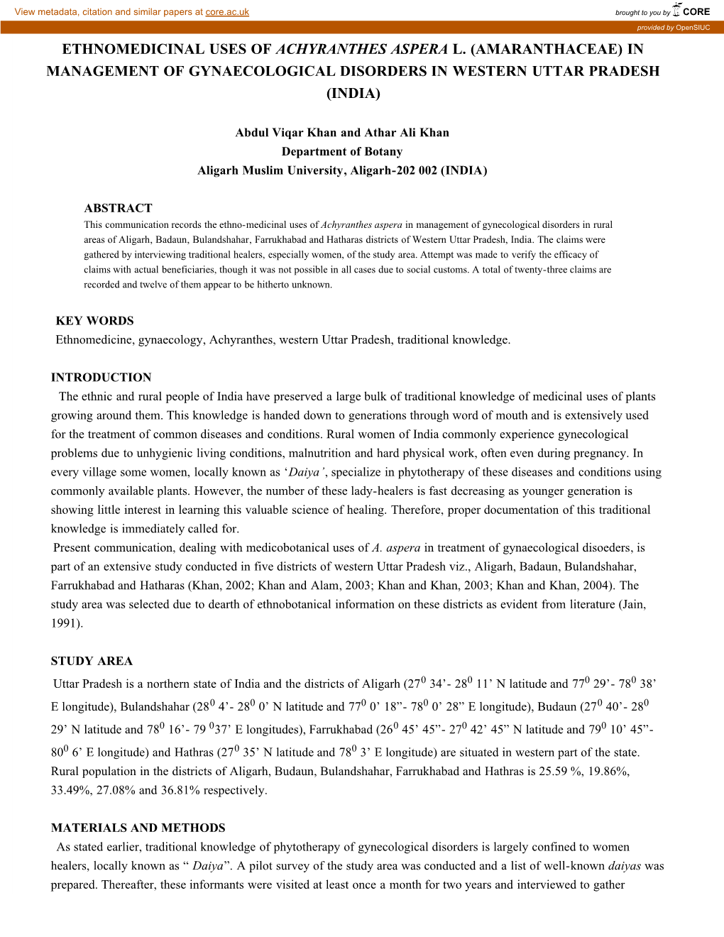 Ethnomedicinal Uses of Achyranthes Aspera L. (Amaranthaceae) in Management of Gynaecological Disorders in Western Uttar Pradesh (India)