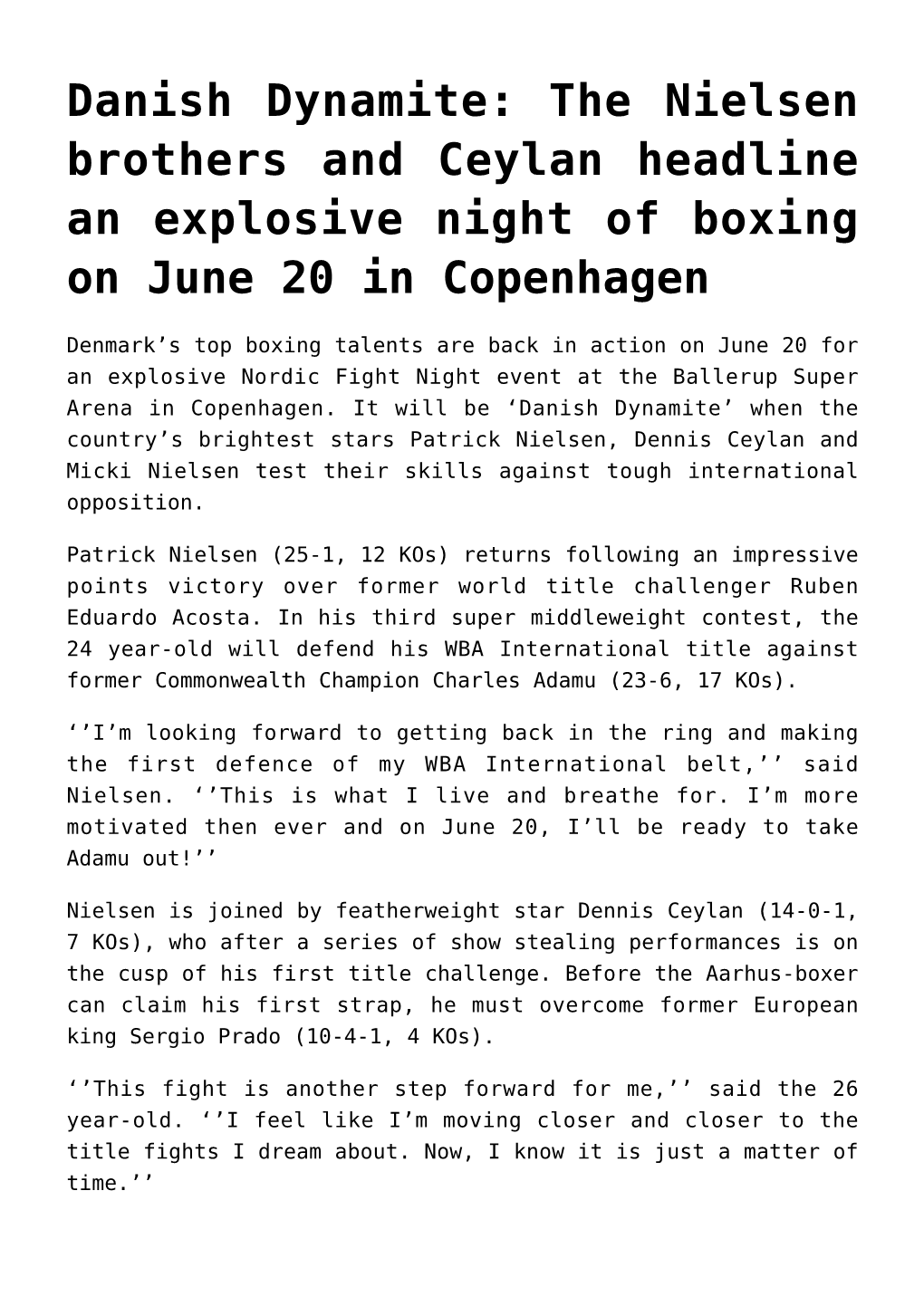 Danish Dynamite: the Nielsen Brothers and Ceylan Headline an Explosive Night of Boxing on June 20 in Copenhagen