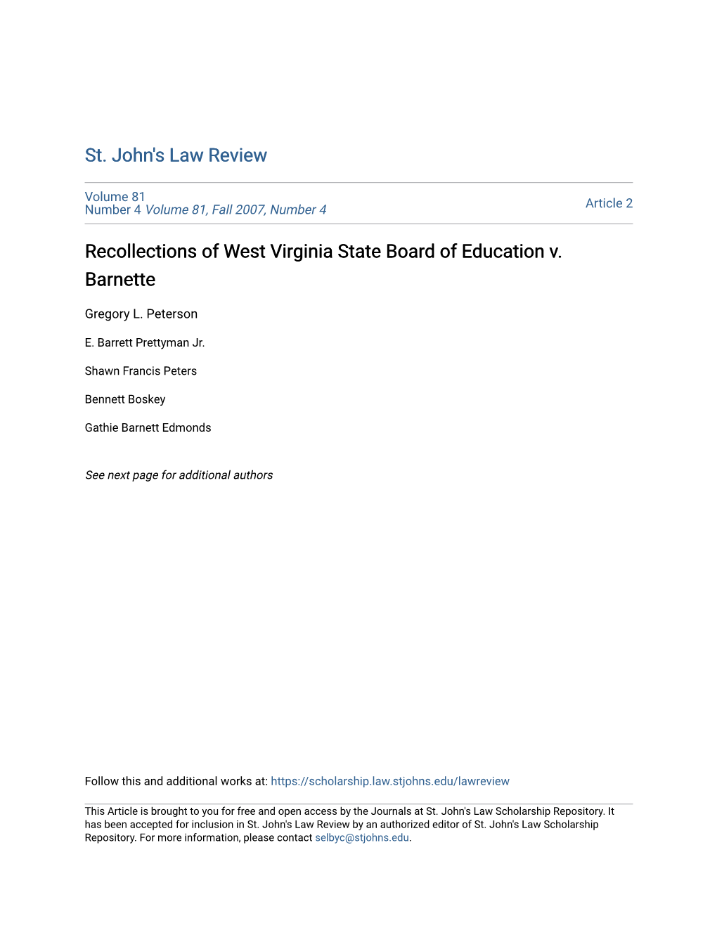 Recollections of West Virginia State Board of Education V. Barnette