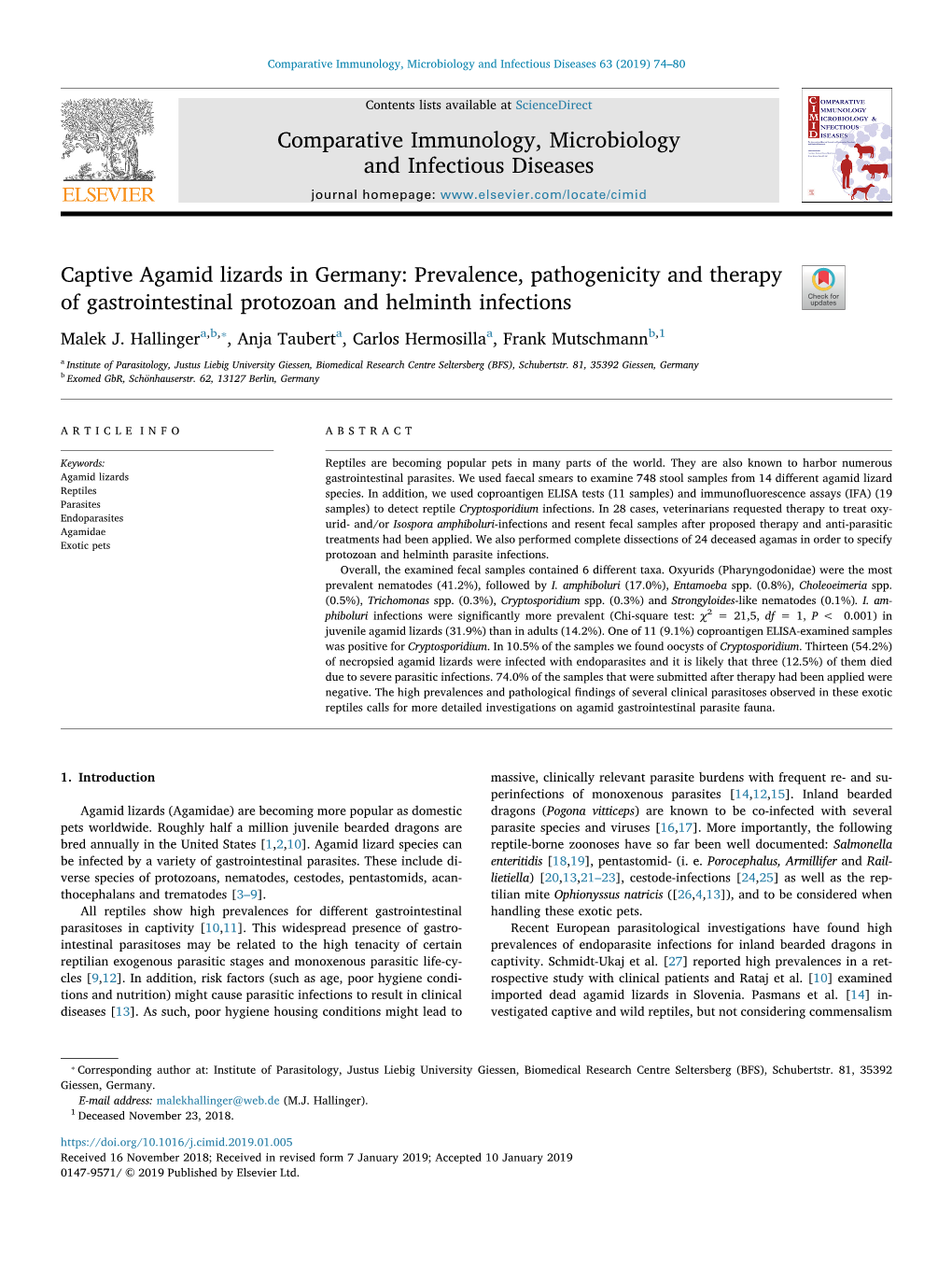 Captive Agamid Lizards in Germany Prevalence, Pathogenicity And