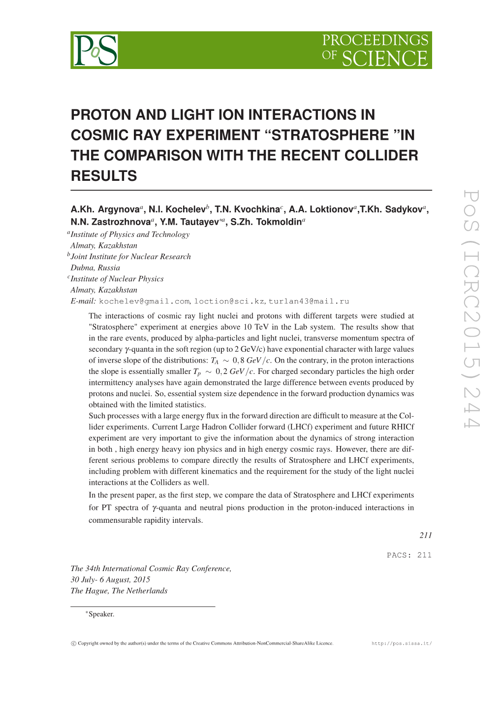 Pos(ICRC2015)244 , a 211 PACS: 211 Interactions in ,T.Kh