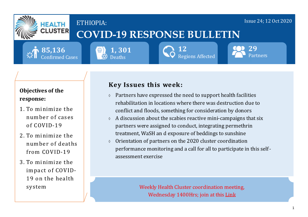 COVID-19 RESPONSE BULLETIN 85,136 1, 301 12 29 Confirmed Cases Deaths Regions Affected Partners