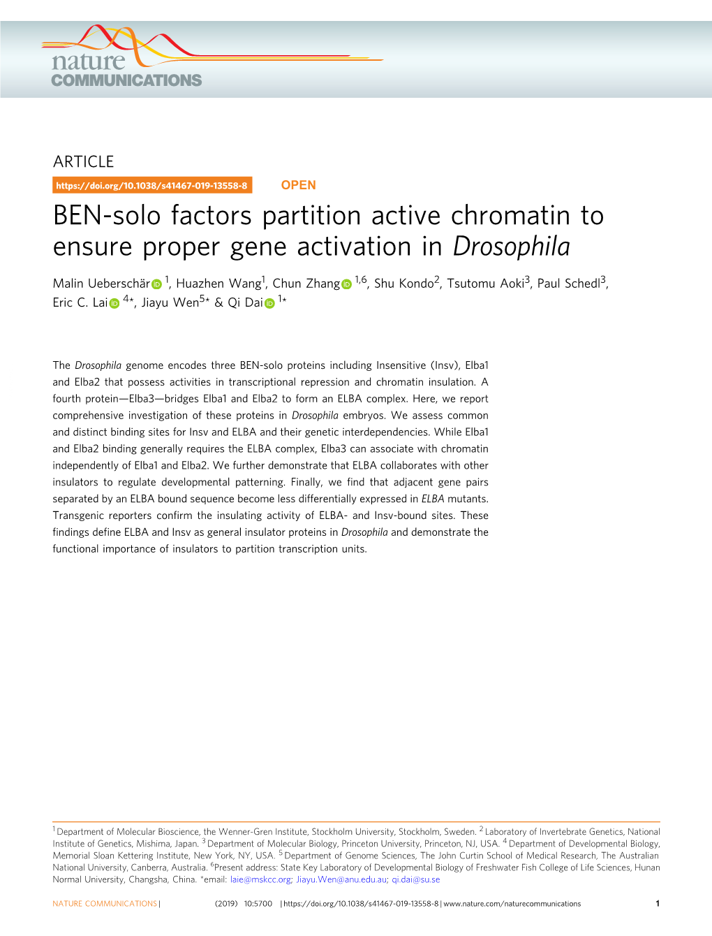BEN-Solo Factors Partition Active Chromatin to Ensure Proper Gene Activation in Drosophila