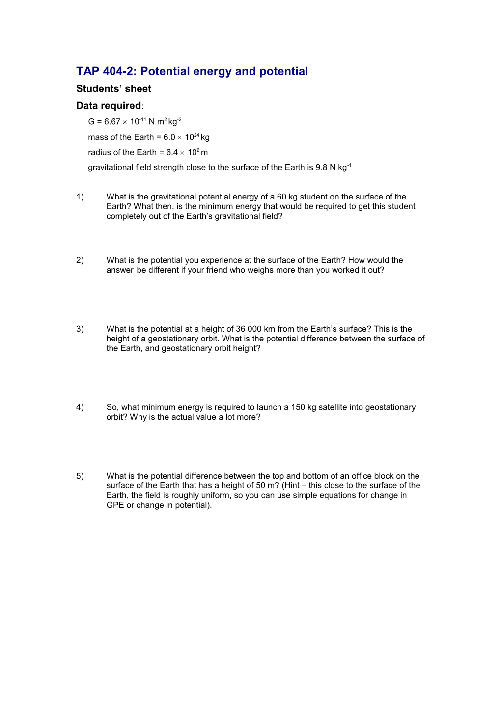 TAP 404-2: Potential Energy and Potential