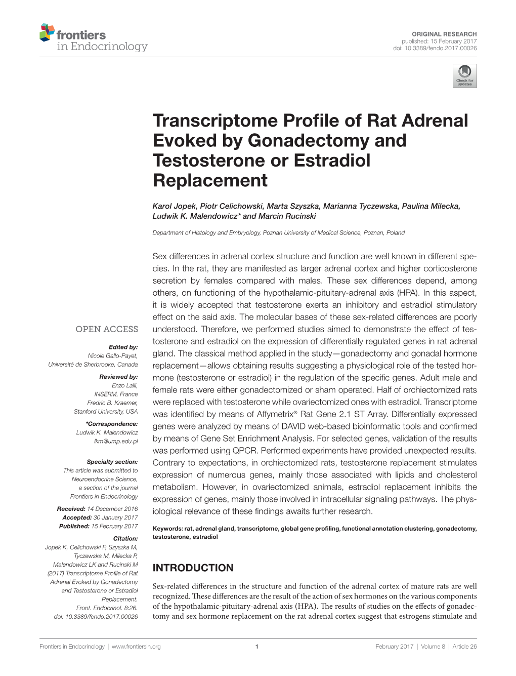 Transcriptome Profile of Rat Adrenal Evoked by Gonadectomy and Testosterone Or Estradiol Replacement