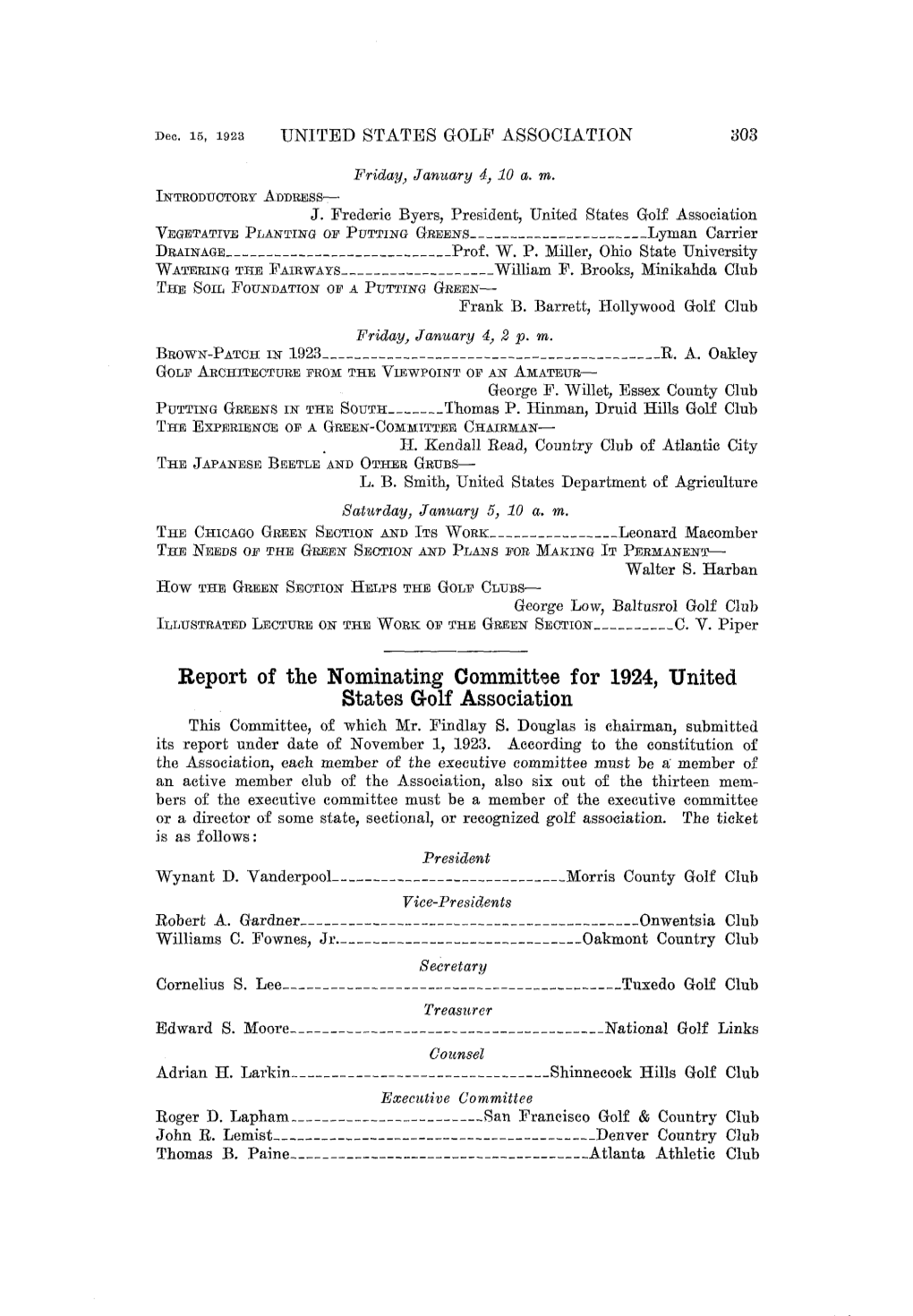 Report of the Nominating Committee for 1924, United States Golf Association This Committee, of Which Mr