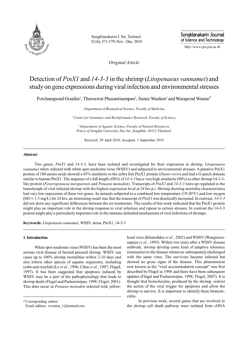 Detection of Pinx1 and 14-3-3 in the Shrimp (Litopenaeus Vannamei) and Study on Gene Expressions During Viral Infection and Environmental Stresses