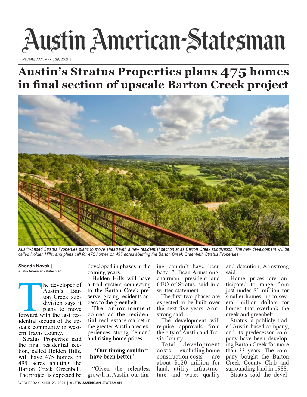 Holden Hills, and Plans Call for 475 Homes on 495 Acres Abutting the Barton Creek Greenbelt