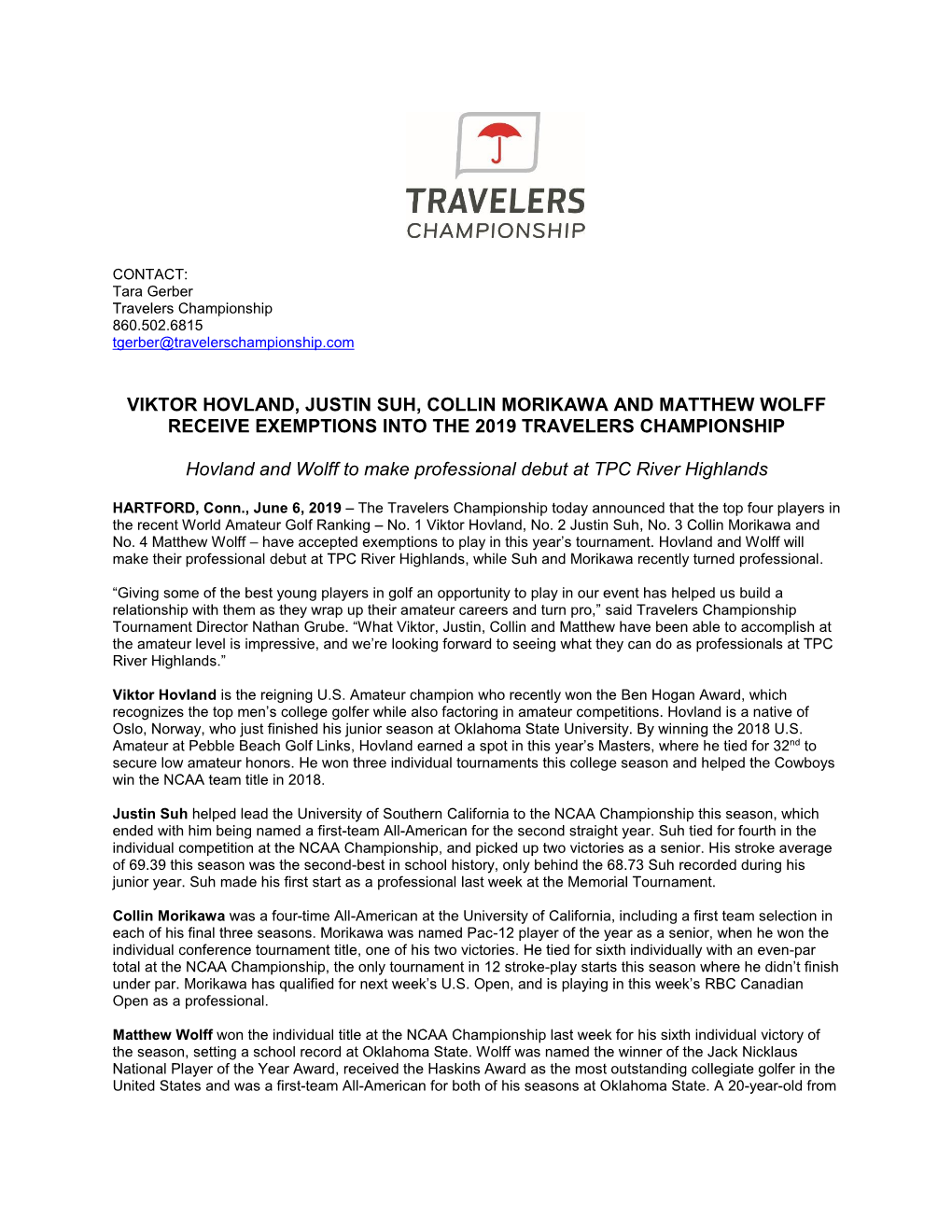 Viktor Hovland, Justin Suh, Collin Morikawa and Matthew Wolff Receive Exemptions Into the 2019 Travelers Championship