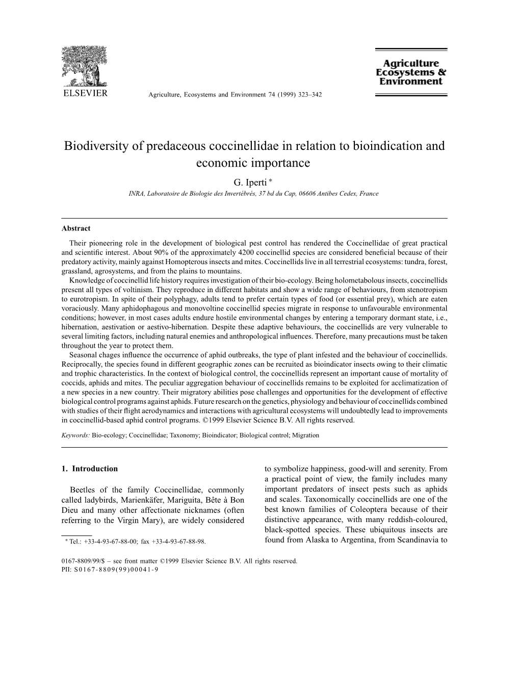 Biodiversity of Predaceous Coccinellidae in Relation to Bioindication and Economic Importance G