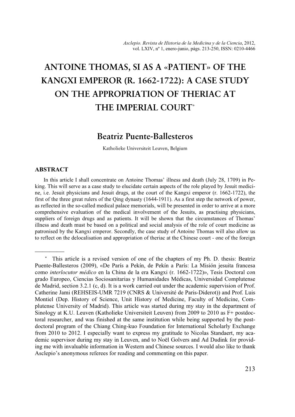 Antoine Thomas, Si As a «Patient» of the Kangxi Emperor (R. 1662-1722): a Case Study on the Appropriation of Theriac at the Imperial Court*