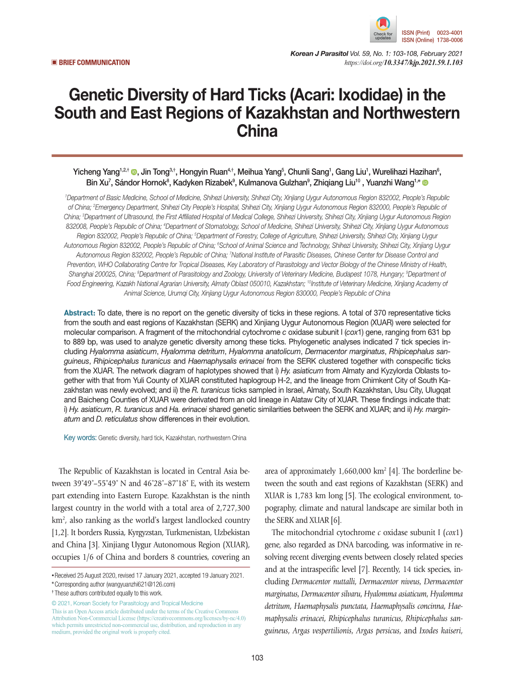 Genetic Diversity of Hard Ticks (Acari: Ixodidae) in the South and East Regions of Kazakhstan and Northwestern China