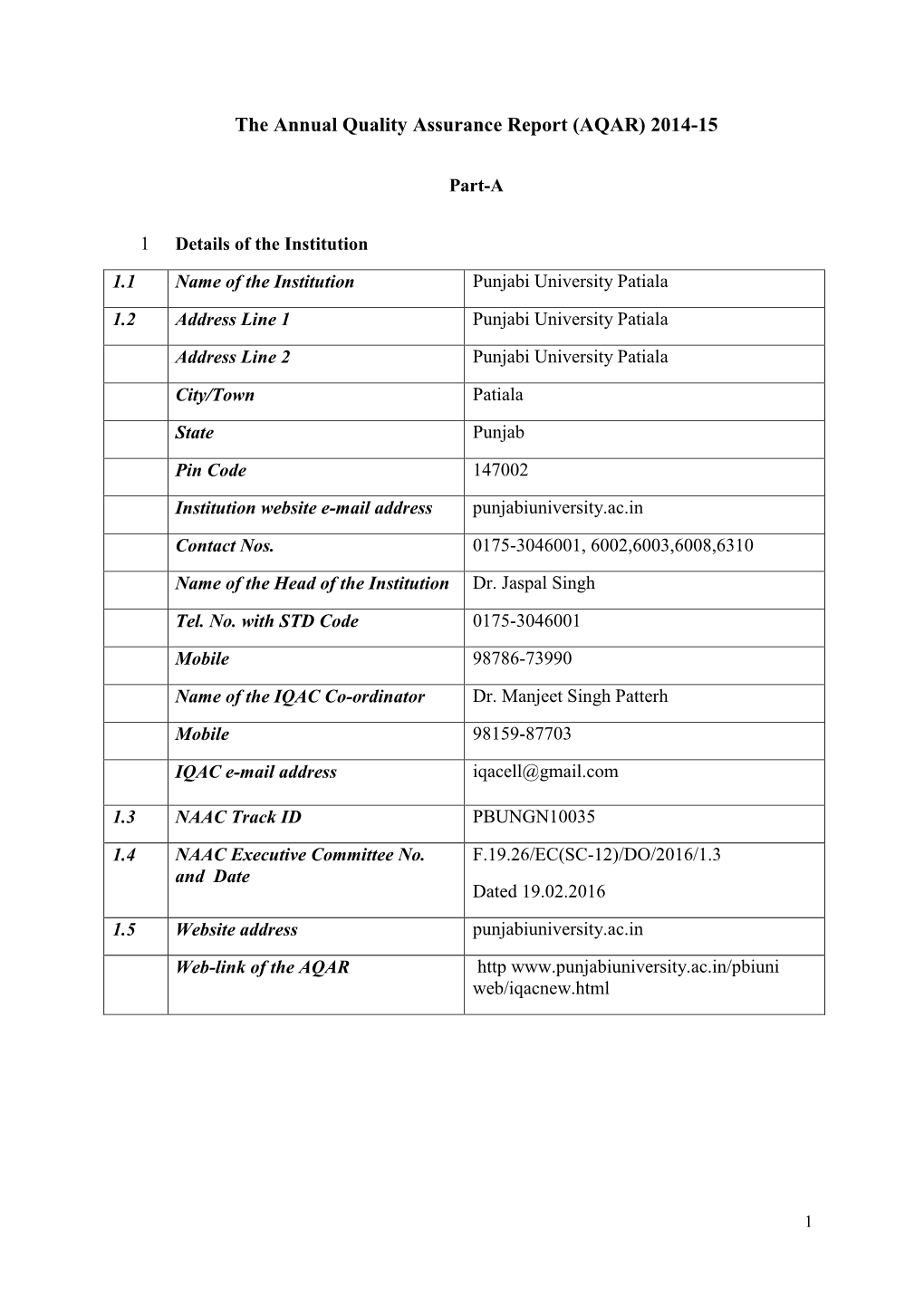 The Annual Quality Assurance Report (AQAR) 2014-15