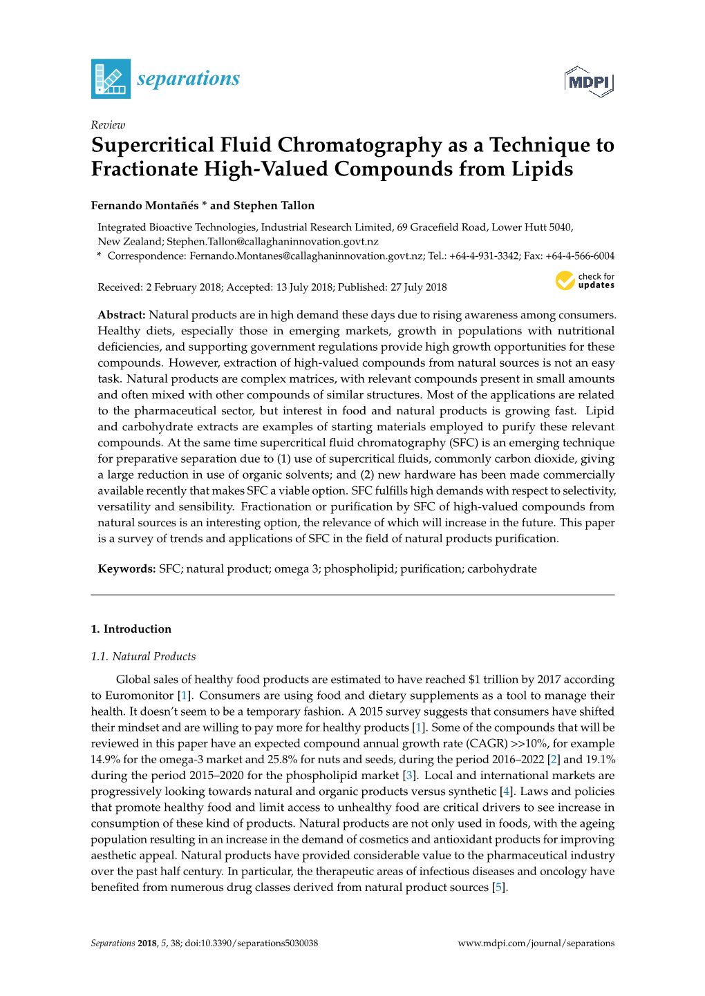 Supercritical Fluid Chromatography As a Technique to Fractionate High-Valued Compounds from Lipids