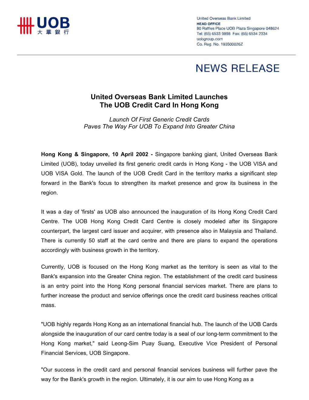 United Overseas Bank Limited Launches the UOB Credit Card in Hong Kong