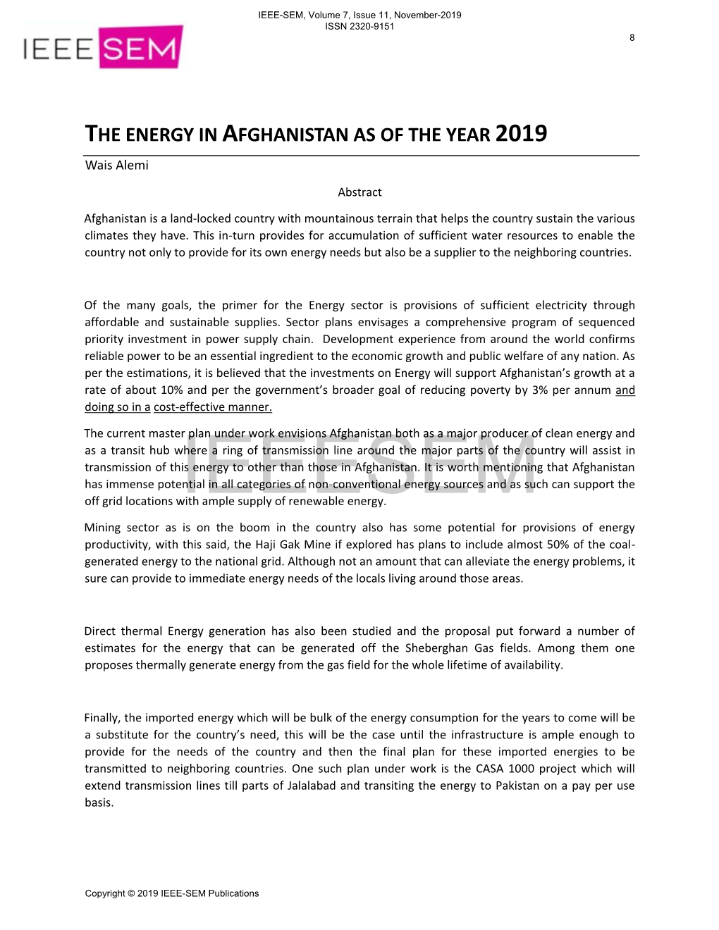 THE ENERGY in AFGHANISTAN AS of the YEAR 2019 Wais Alemi