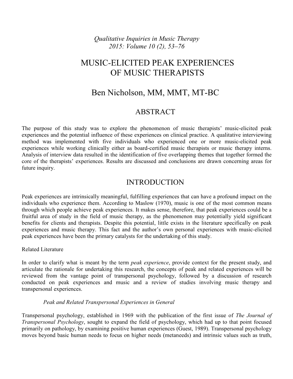 MUSIC-ELICITED PEAK EXPERIENCES of MUSIC THERAPISTS Ben Nicholson, MM, MMT, MT-BC