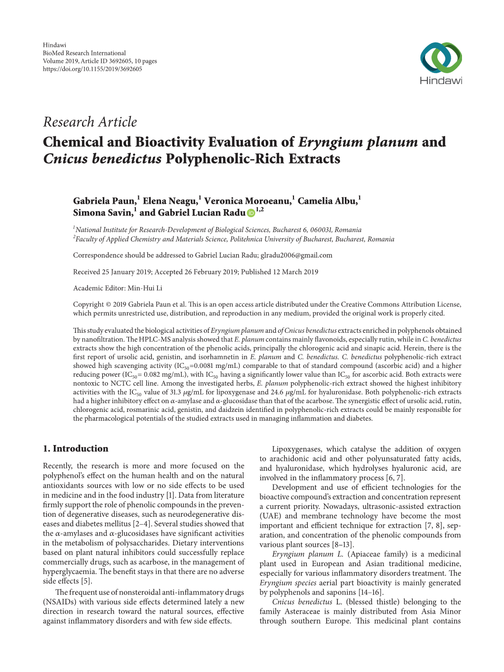Research Article Chemical and Bioactivity Evaluation of Eryngium Planum and Cnicus Benedictus Polyphenolic-Rich Extracts