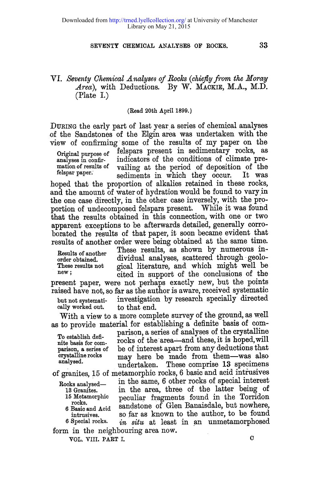 33 VI. Seventy Chemical Analyses of Rocks