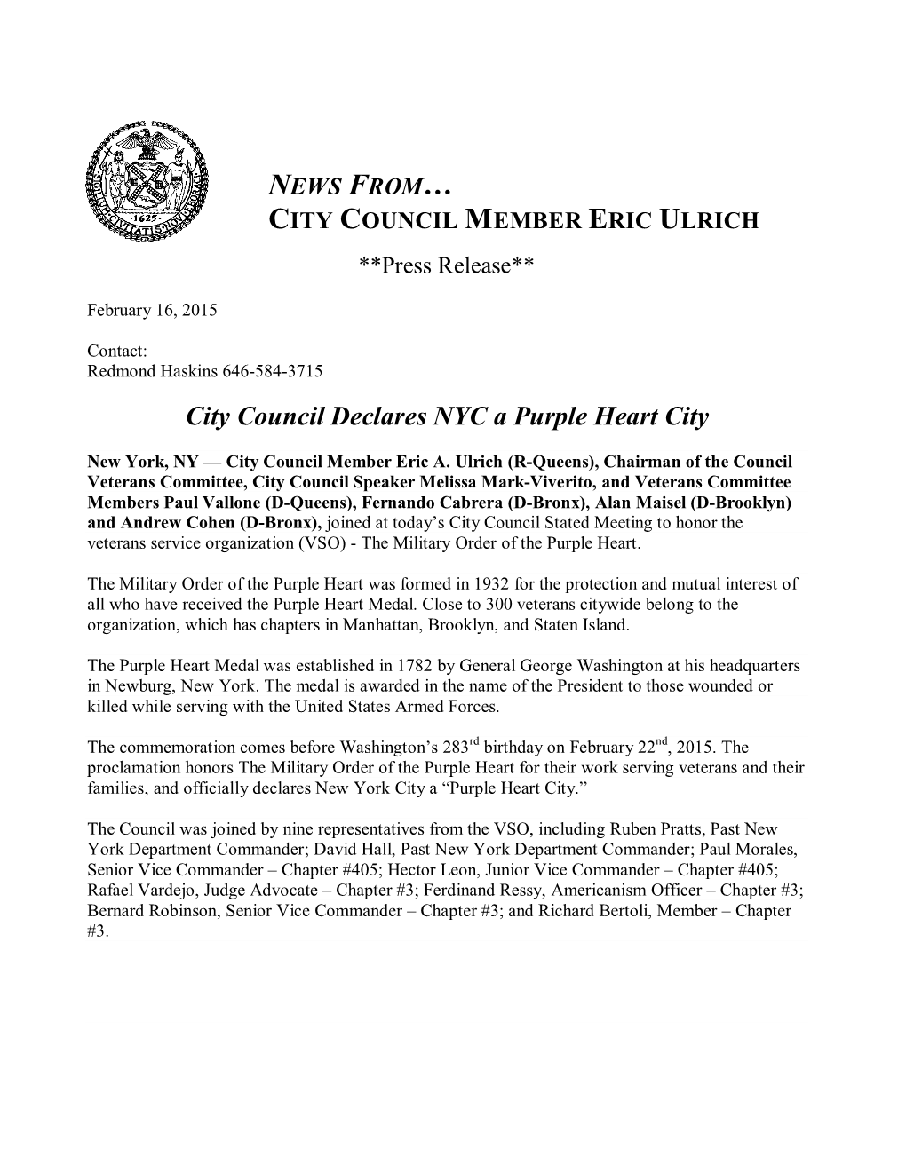 City Council Declares NYC a Purple Heart City