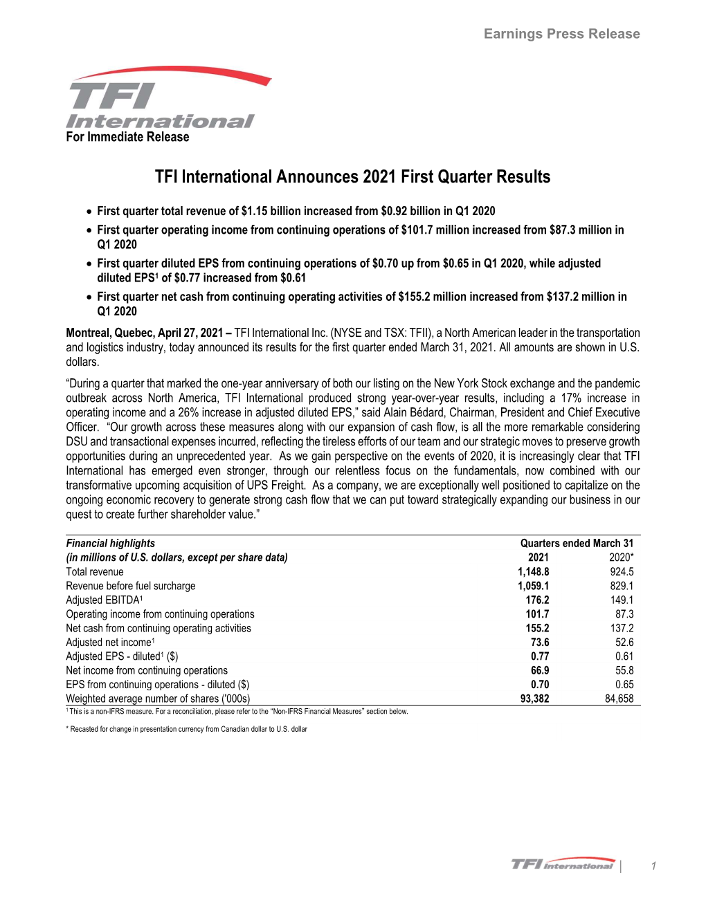 TFI International Announces 2021 First Quarter Results