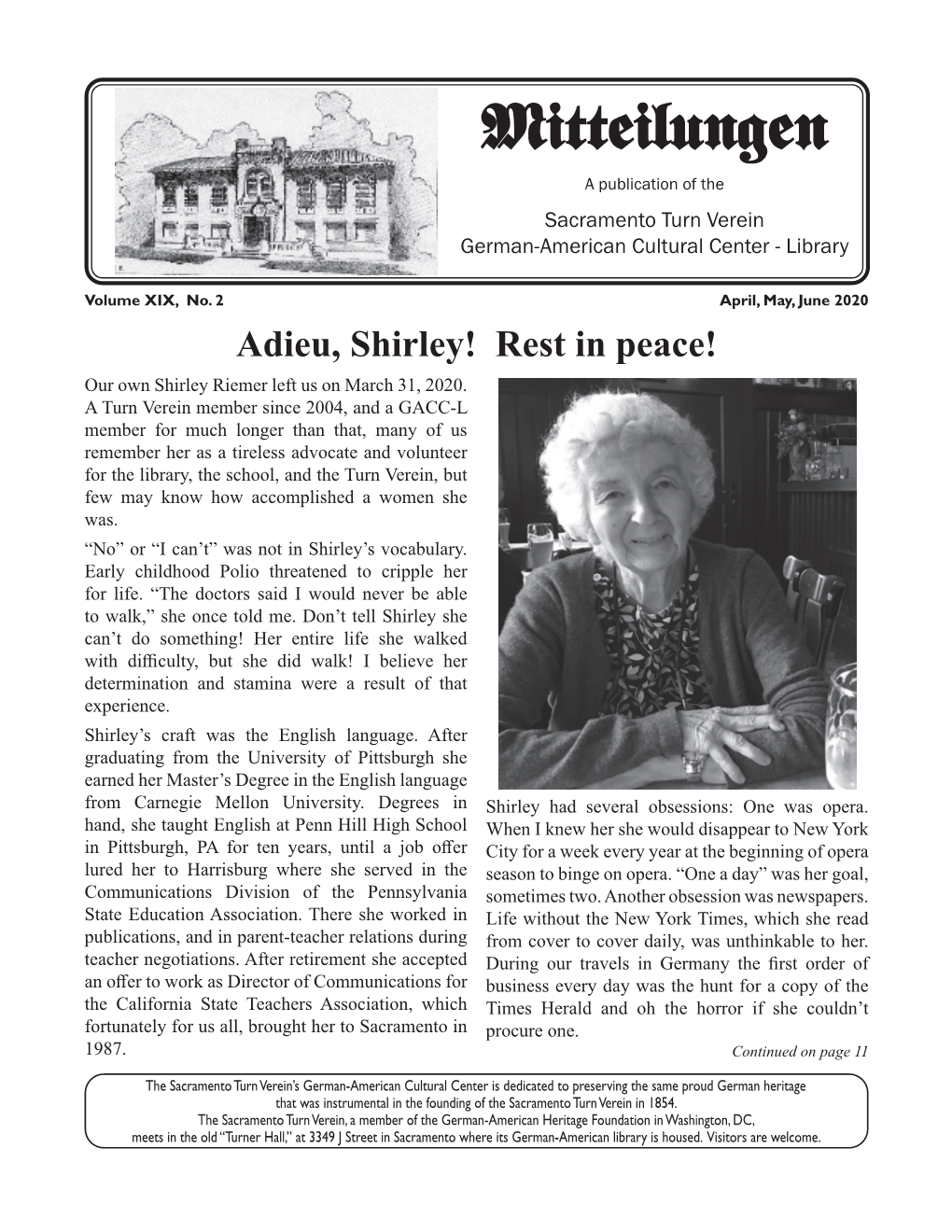 Mitteilungen a Publication of the Sacramento Turn Verein German-American Cultural Center - Library