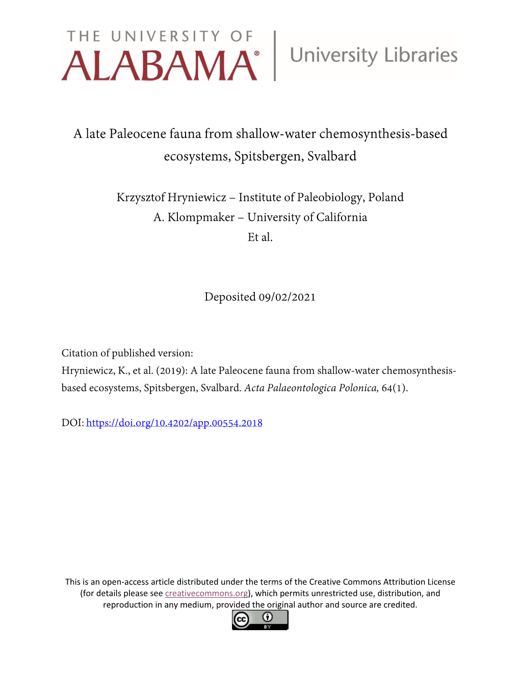 A Late Paleocene Fauna from Shallow-Water Chemosynthesis-Based Ecosystems, Spitsbergen, Svalbard