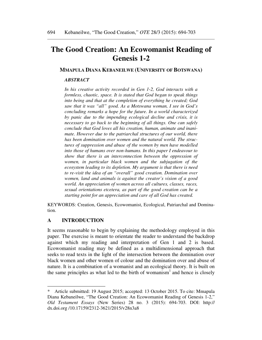 The Good Creation: an Ecowomanist Reading of Genesis 1-2