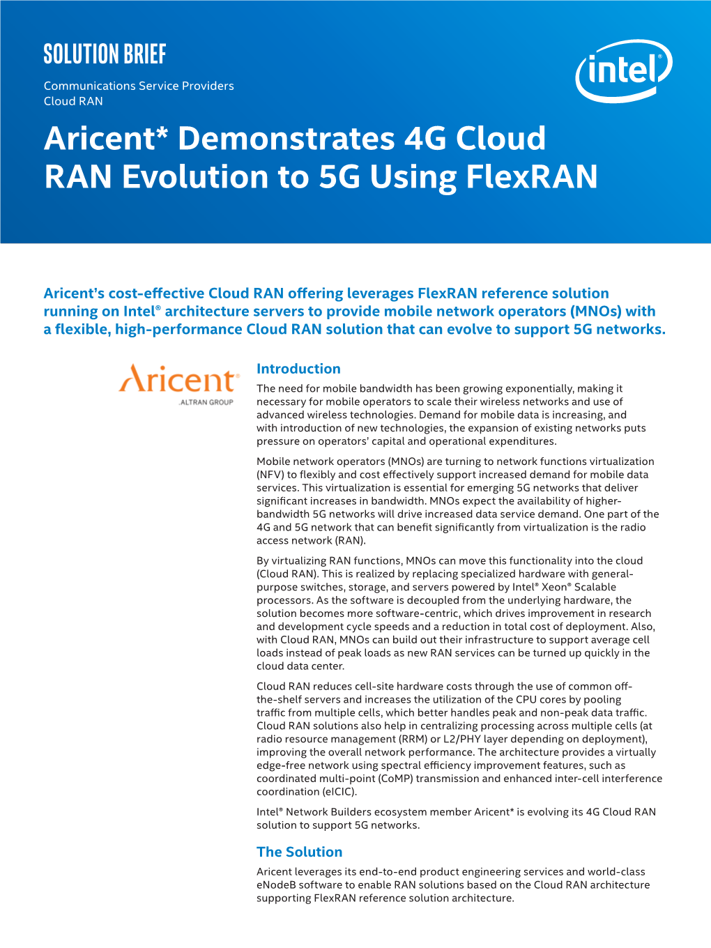 Aricent* Demonstrates 4G Cloud RAN Evolution to 5G Using Flexran