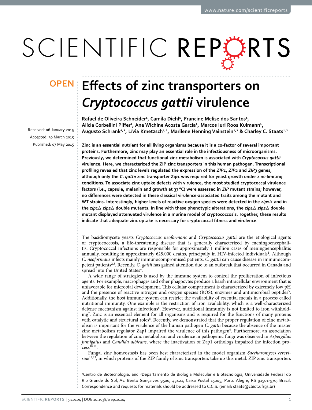 Effects of Zinc Transporters on Cryptococcus Gattii Virulence