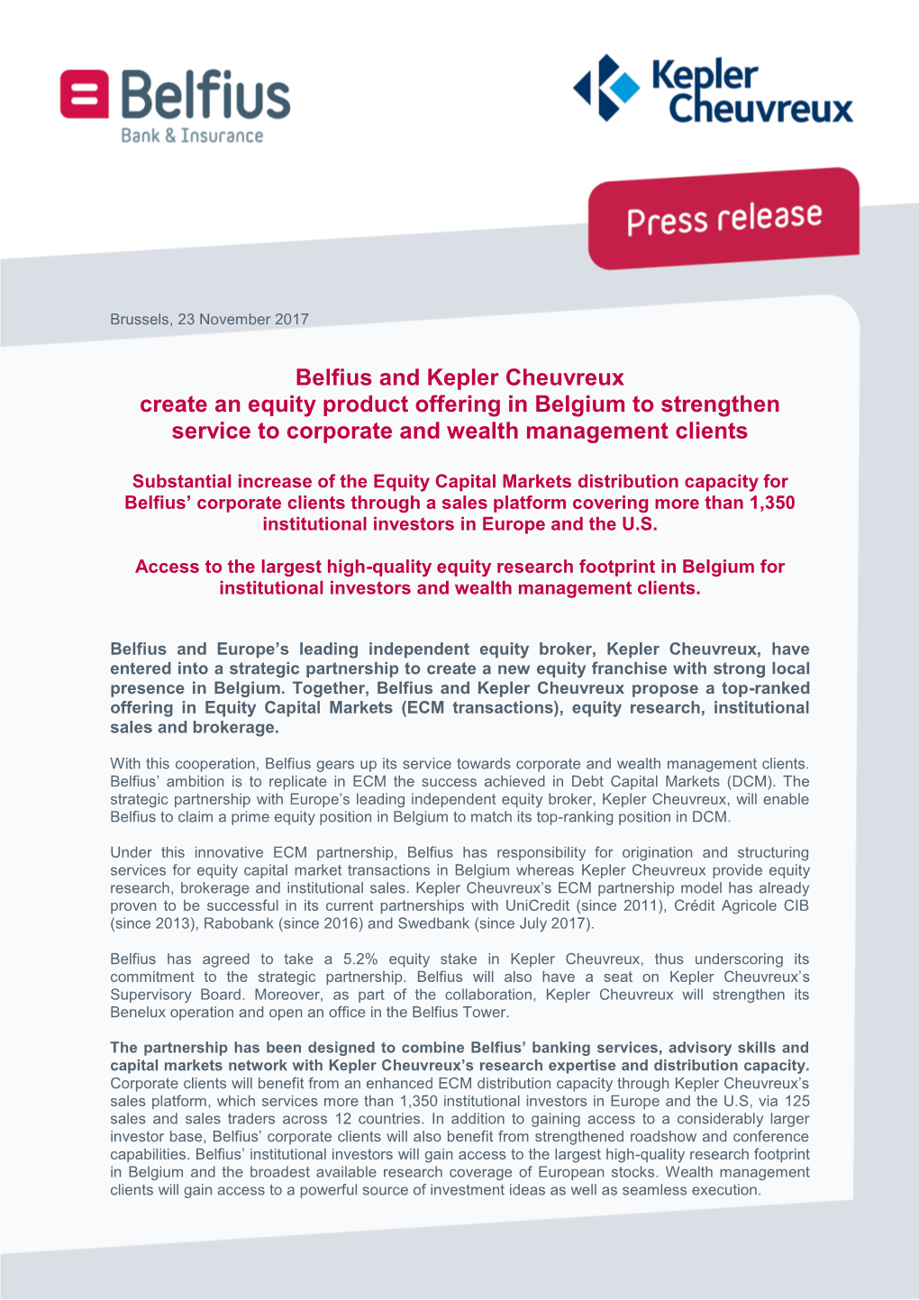 Belfius and Kepler Cheuvreux Create an Equity Product Offering in Belgium to Strengthen Service to Corporate and Wealth Management Clients