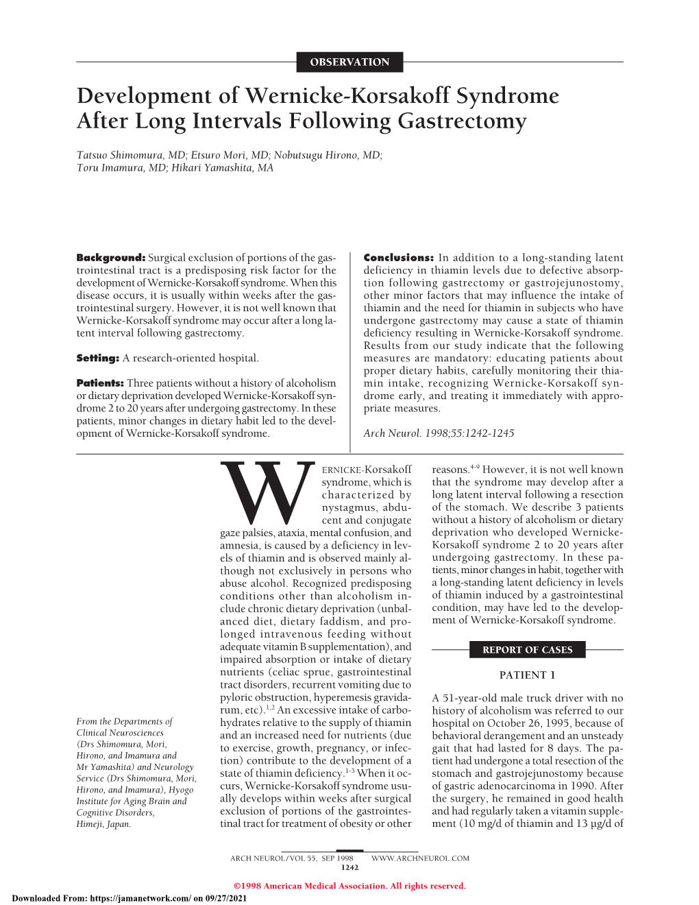 Development of Wernicke-Korsakoff Syndrome After Long Intervals Following Gastrectomy