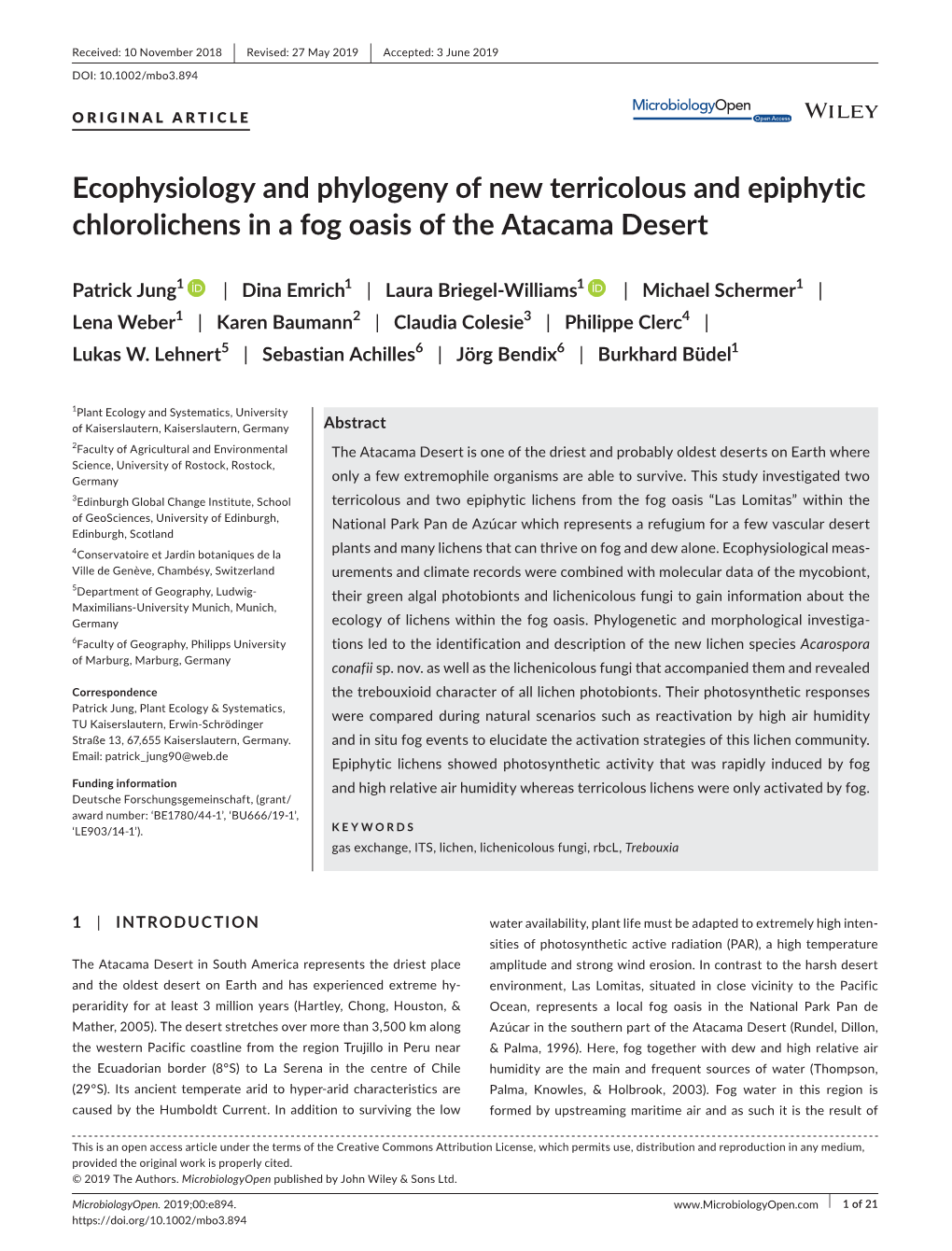 Ecophysiology and Phylogeny of New Terricolous and Epiphytic Chlorolichens in a Fog Oasis of the Atacama Desert