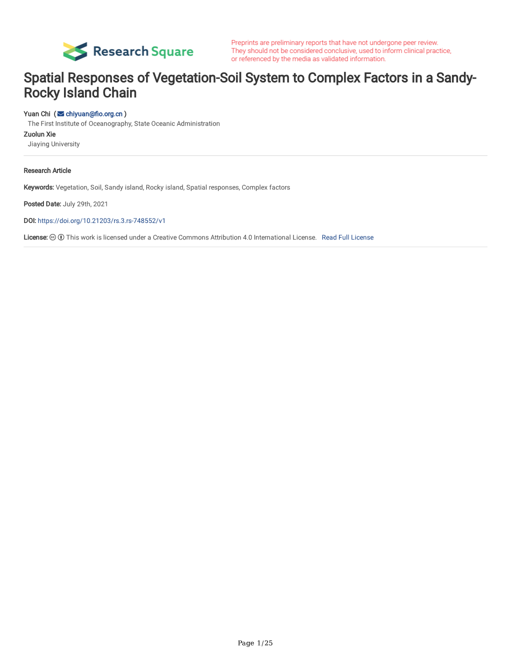 Spatial Responses of Vegetation-Soil System to Complex Factors in a Sandy- Rocky Island Chain