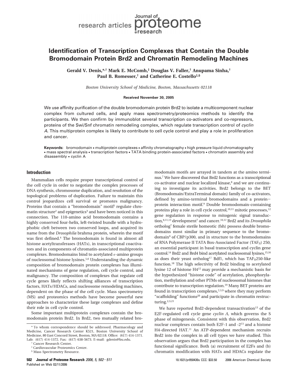 Identification of Transcription Complexes That Contain the Double Bromodomain Protein Brd2 and Chromatin Remodeling Machines