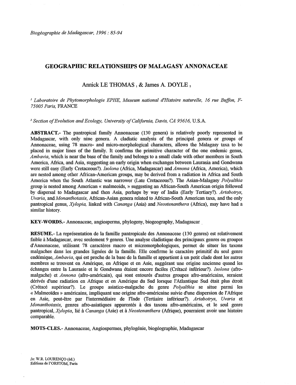 Geographic Relationships of Malagasy Annonaceae